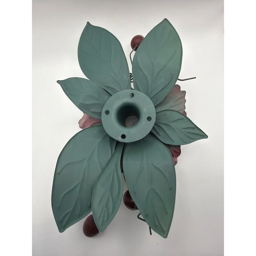 Vintage Metal Flower Wall Sconce Pair Dusty Rose Sage Green Floral Decor Set 2